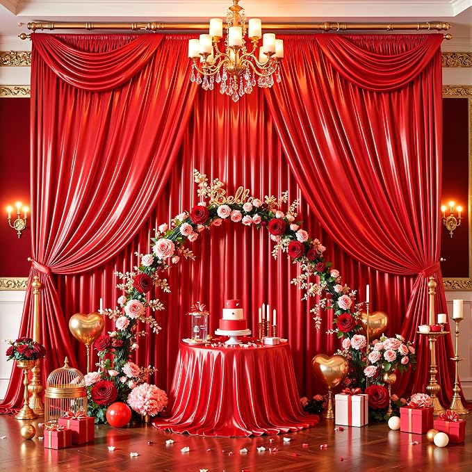 40x10ft Red Glitter Backdrop Curtain for Parties, Wrinkle Free Satin Photo Backdrop Drapes 8 Panels 5x10FT Shimmer Back Drop Cloth for Wedding Birthday Baby Shower Photography Background Decor