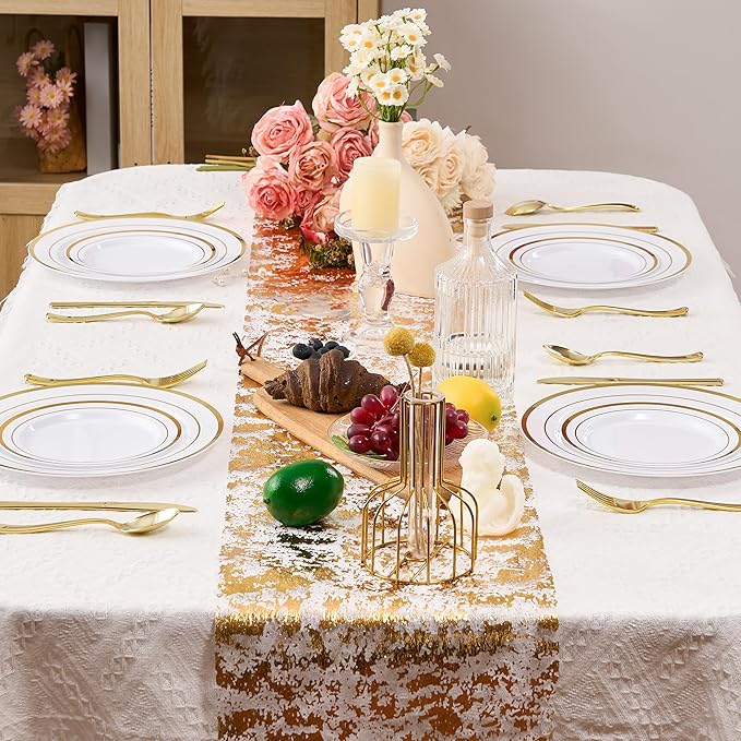Fijinhom 200PCS Gold Plastic Plates, Disposable Plates with 100PCS 10" Dinner Plates & 100PCS 7" Dessert Plates for 100 Guests, Plastic Party Plates for Wedding, Birthday, Gold