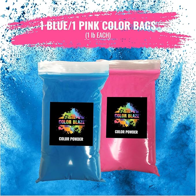 Color Blaze Baby Gender Reveal Powder - 1lb Blue & 1lb Pink Colored Power for Boy or Girl - For Car & Motorcycle Burnout, Color Toss, Photoshoot, and Festival - Pack of 2 Bags with 1 pound - Blue/Pink