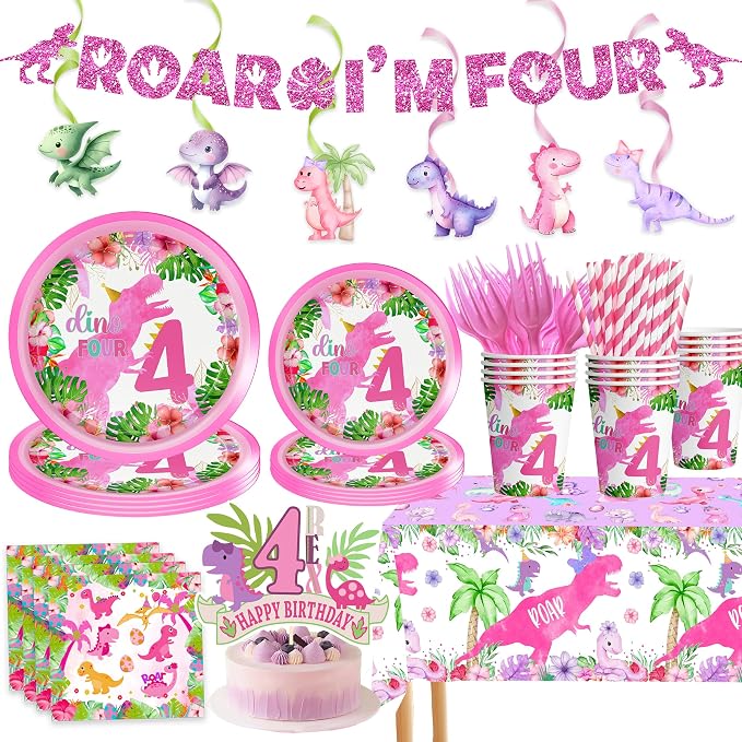 Pink Girl Dinosaur 4th Birthday Decorations for Dino-Four dinosaurs girl Birthday Party Tableware Set include Glitter Roar I'm Four Banner Plates Napkins Cups Tablecloth for 4th Girls Party Supplies