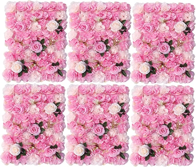 3D Flower Wall Backdrop 6 Pack, 24x16 Inch Deep Pink Artificial Rose Panels for Wedding, Party, Photo Studio, Home & Fence Decor