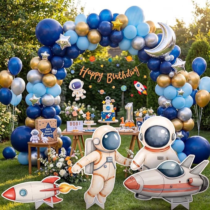 Honoson 4 Pcs Large 30" Astronaut Cardboard Cutouts, Space Birthday Party Decoration Rocket Spaceship Backdrop Standup Photo Booth Prop for Baby Shower Party Supplies Classroom Sign