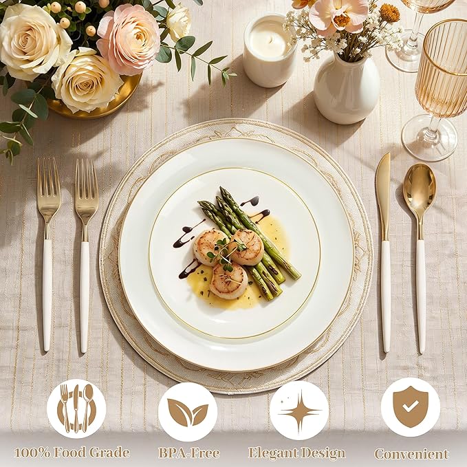 DaYammi 150Pcs Ivory Plastic Plates with Gold Rim,Disposable Plastic Plates Include 30 Dinner Plate,30 Salad Plate,30 Forks,30 Spoons,30 Knives,Ivory and Gold Plates for Party,Wedding,Mother's Day
