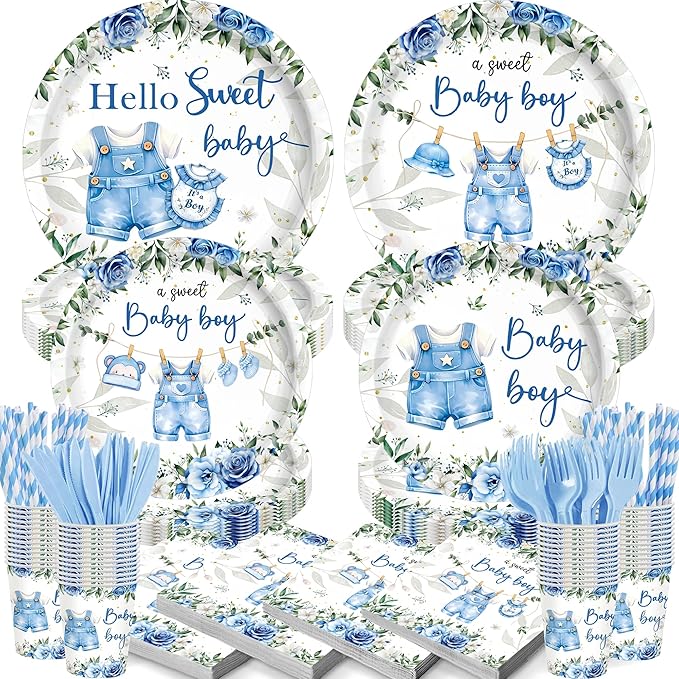 168PCS Blue Baby Boy Shower Decorations,Baby Shower Theme Party Tableware Set Plates Napkins Cups,for Boy Baby Shower Decorations Serves 24 Guests