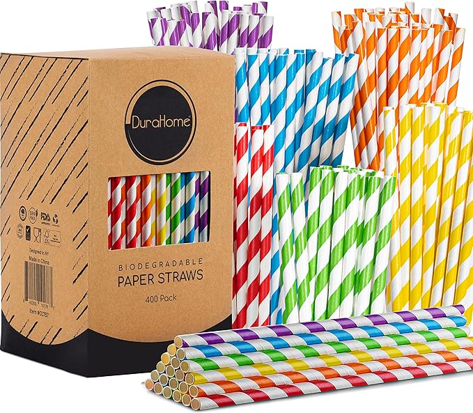 Paper Straws 400 Pack Biodegradable Colorful Striped Design 8.25" Straw for Everyday/Birthday Party/Baby Shower/Wedding/Anniversary and Parties, Long Lasting - by DuraHome (Colorful - 400pc)