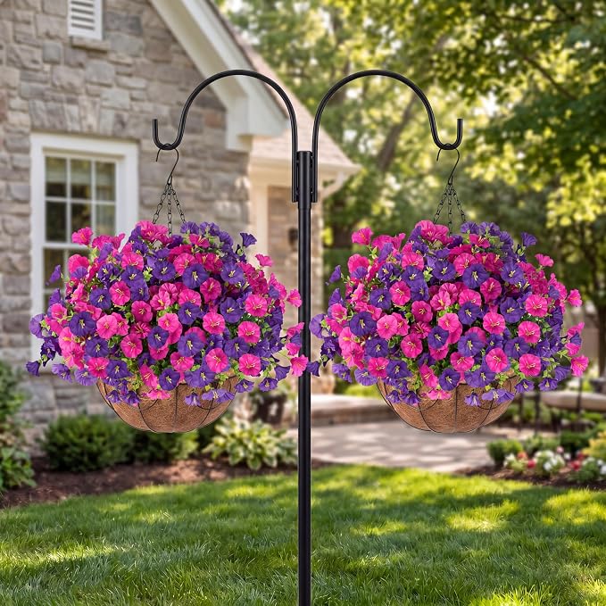 Artificial Flowers for Outdoors with Baskets Hanging Plant Faux Flowers UV Resistant Fake Silk Morning Glory with Eucalyptus for Planter Porch Garden Home Spring Summer Decoration(Fuchsia Purple)