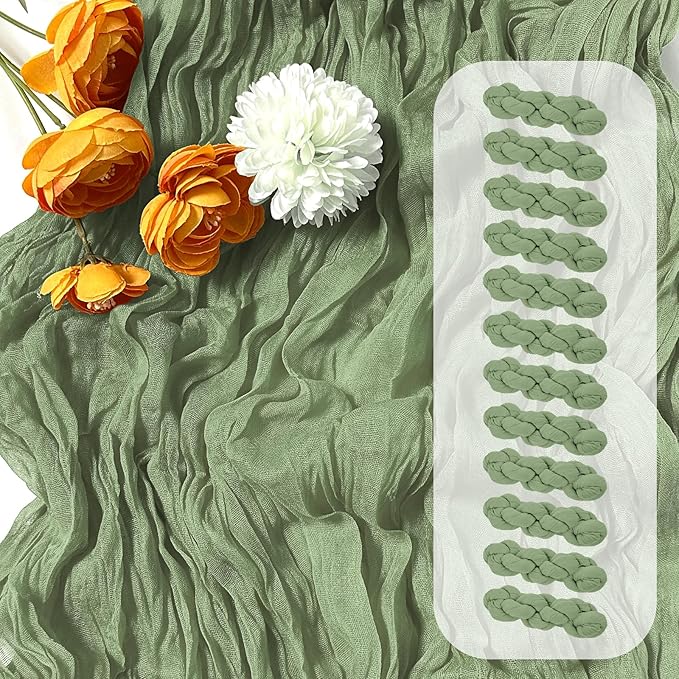 12 Pack Sage Green Cheesecloth Table Runner 17 x 108 Inch Gauze Table Runner Fabric Semi Sheer Cheese Cloth Table Decor Bulk for Rustic Romantic Wedding Baby Shower Table Decoration