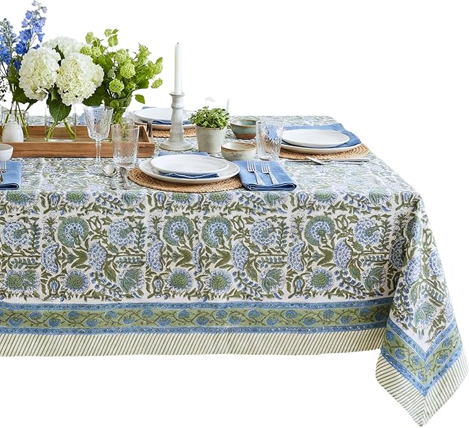 ATOSII Clover Blue 100% Cotton Rectangle Fall Tablecloth, Handblock Floral Linen Table Cloth for Kitchen Dining Table I Parties Christmas Thanksgiving I Fall Home Decor 60 X 108 Inches I 8 Seater