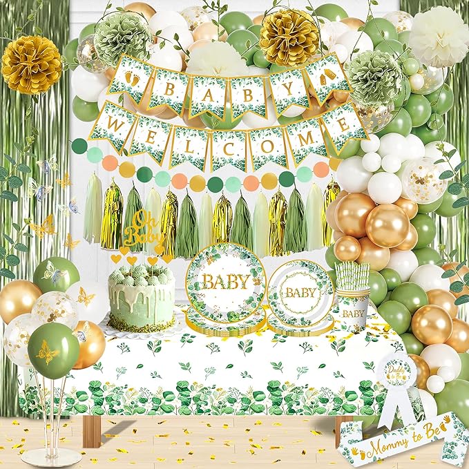 234 Pc Sage Green Baby Shower Decorations Set- Serve 24 Guests, All-in-One Neutral Baby Party Supplies Kit with Balloon Arch, Foil Fringe Curtain, Tableware Set, Cake Topper, Banner, Sash, Tablecloth