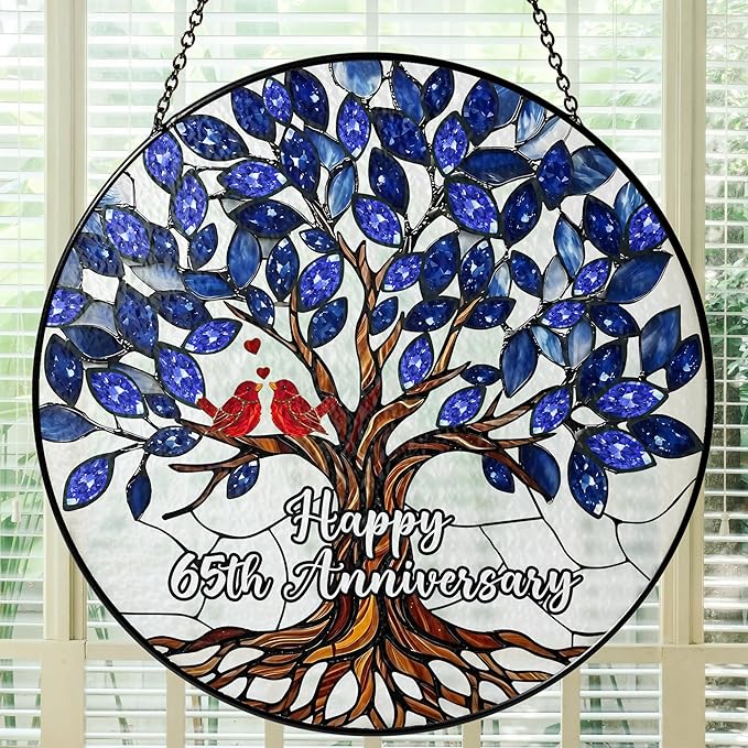65th Wedding Anniversary Stained Glass Suncatcher, 6x6' Anniversary Decorations, 65th Celebration Marriage Gifts for Parents, Couple, Wife & Husband, 65 Wedding Milestone Keepsake