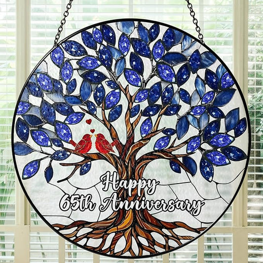 65th Wedding Anniversary Stained Glass Suncatcher, 6x6' Anniversary Decorations, 65th Celebration Marriage Gifts for Parents, Couple, Wife & Husband, 65 Wedding Milestone Keepsake