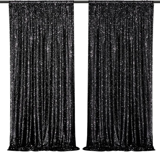 Black Sequin Backdrop Curtains,2 Panels 4FTx8FT Black Curtain Backdrop Glitter Party Decorations Background Drapes for Wedding Birthday Anniversary Graduation Photo Booth Decor