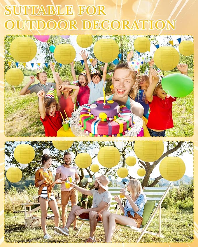 Treela 48 Pcs Paper Lanterns Party Decorations Chinese Round Paper Decor 4/6/8/10 Inch Asian Hanging Lamps Decorative for Graduate Wedding Birthday Party Bridal Parties Supplies(Yellow)