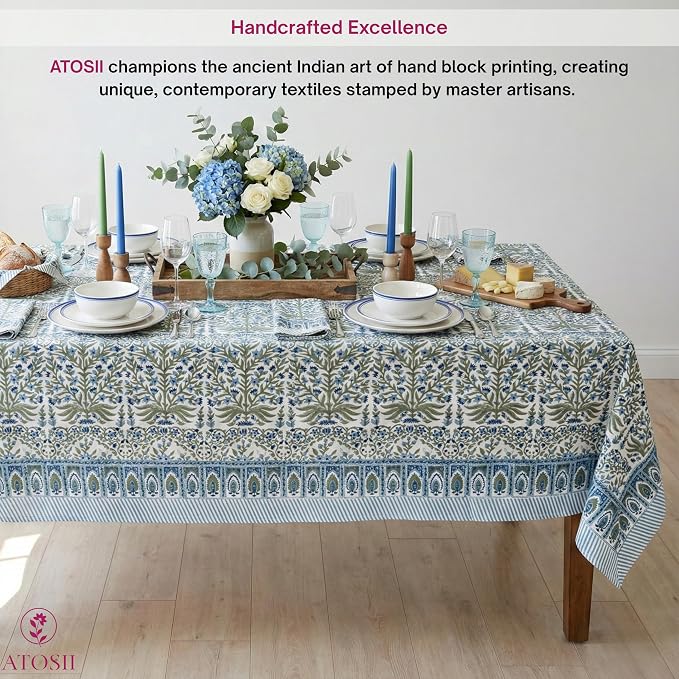 ATOSII Nargis Blue 100% Cotton Rectangle Summer Tablecloth, Indian Block Print Floral Table Cloth I Dining Parties Weddings Outdoors Holidays 60 X 90 Inches 6 Seater I Grandmillennial Farmhouse Boho