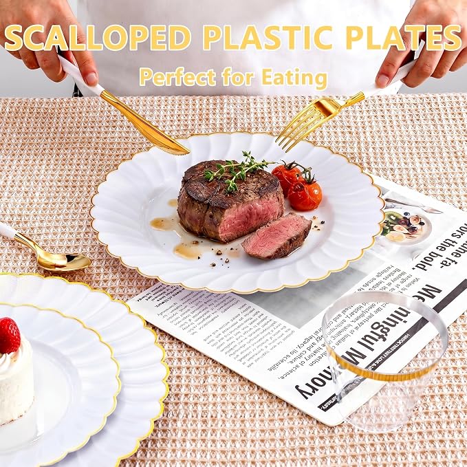 Ciaell 175 PCS White Scalloped Plastic Plates with Gold Trim - Gold Plastic Silverware with Handle - Fancy High-End Dinnerware Sets for Wedding & Party(25 Guests)