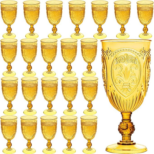 Plastic Wine Glasses 24Pcs Plastic Goblets 7.5oz Colored Retro Embossed Glassware Vintage Stemmed Drinking Cup Reusable Water Goblets for Wedding Reception Grand Event Party Bar,Whiskey (Amber)