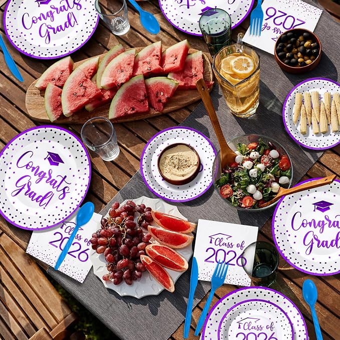 175pcs Class of 2026 Graduation Plates and Napkins Set, Disposable Paper Plate Set Polka Dots Napkin Cups Knife Fork Spoon for Graduation Party Decorations and Supplies,Serve 25 (White Purple)