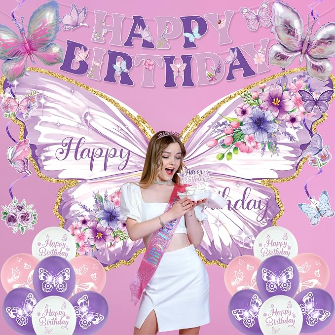 Roetyce Butterfly Birthday Decorations, Purple Happy Birthday Banner Backdrop Balloons Hanging Swirls Cake Topper for Home Party, Girls Women Butterfly Themed Party Suppiles Photo Background