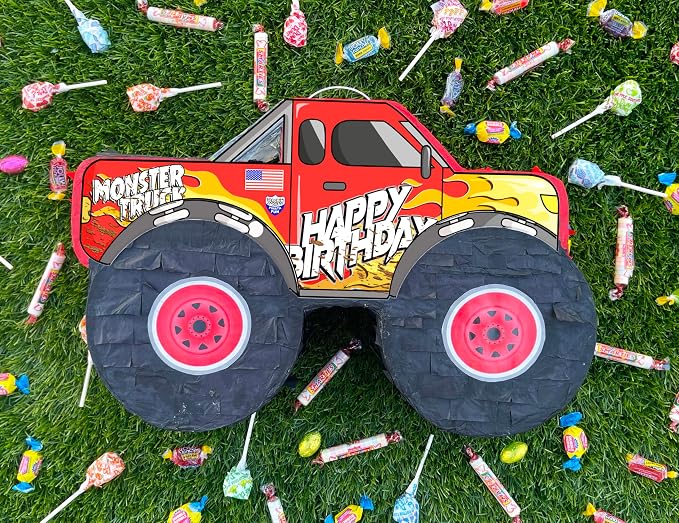 Jergrim Monster Truck Piñata, 4 Piece Set, perfect for Kids Birthday Parties, Race Car Party Supplies fits piñata candy and party favors (16”X10”) Durable!
