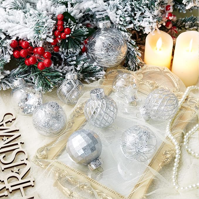 CristBest 30ct Christmas Ball Ornaments-60mm/2.36" Shatterproof Clear Plastic Xmas Balls Baubles Set with Stuffed Delicate Sparkling, Hanging Christmas Tree Decorations(Silver)