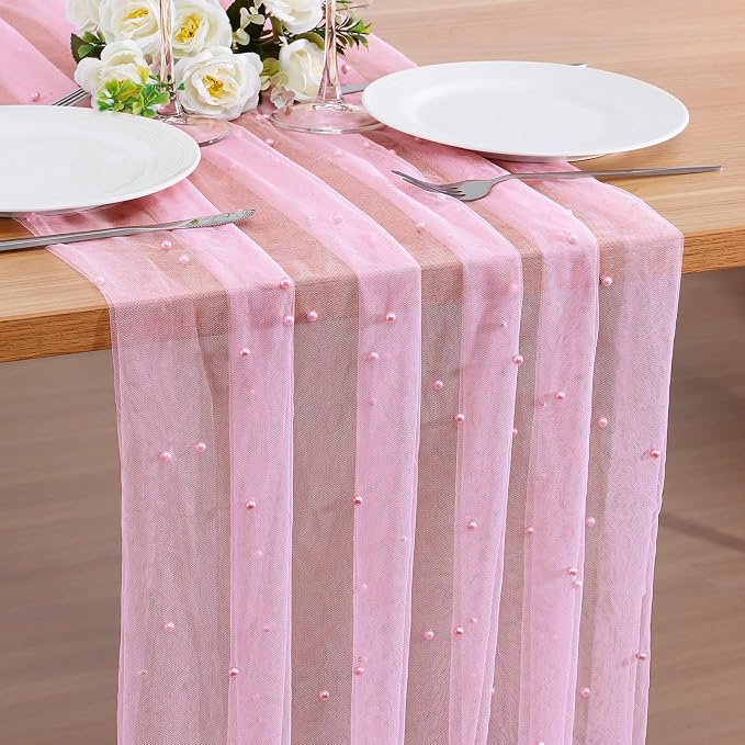 BINBE 12pcs Pearl Table Runner Spring Summer Rustic Boho 10ft Tulle Table Runner for Baby Shower Wedding Veil Holiday Dessert Table Decor Pink