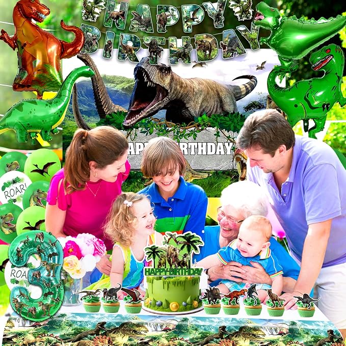 Dinosaur Birthday Decorations, Dino Birthday Party Supplies&Decorations 3 Year Old,Dinosaur Theme Party Set Include Banner Tablecloth Balloons Cake Toppers Plate Napkin for Kids Party