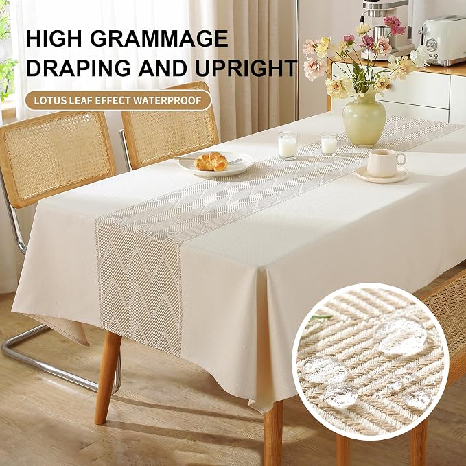 Nordic Beige Round Tablecloth, Premium Drape, Water & Stain Resistant, Elegant Rectangle Table Cover for Dining, Kitchen, Party, Home Decor