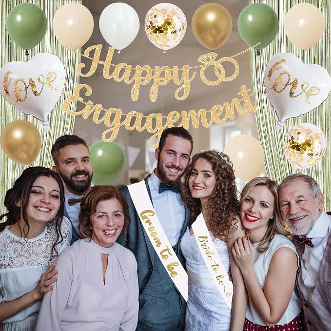 Trgowaul Green Gold Engagement Party Decorations, Happy Engagement Banner Backdrop, Bride&Groom Sash for Bridal Shower, Ring Foil Balloon, Just Engaged Cake Topper Wedding Shower Decor