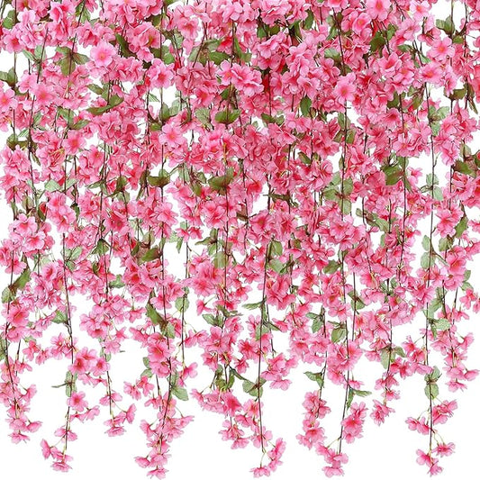 Nuenen 12 Pcs 92.5 FT Artificial Cherry Blossom Flower Vines Bulk Faux Cherry Hanging Garland Pink Flower Vines Silk Flowers Garland with Green Leaves for Party Decor (Rose Red)