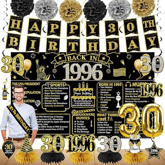Zirtorei 30th Birthday Decorations for Men Women, 21pcs the Year 1996 Banner Balloon Party Supplies, Black Gold 30 Year Old Birthday Backdrop, 30 Bday Honeycomb Centerpiece Hanging Swirls Sash Gifts
