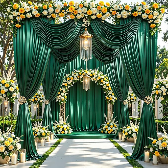 20x10ft Dark Green Glitter Backdrop Curtain for Parties, Wrinkle Free Satin Photo Backdrop Drapes 4 Panels 5x10FT Shimmer Back Drop Cloth for Wedding Birthday Baby Shower Photography Background Decor