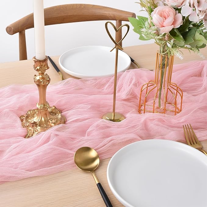 Joanlody Blushing Pink Cheesecloth Table Runner Spring Summer 10Ft Rustic Gauze Boho Cheese Cloth Table Runner for Wedding Bridal Baby Shower Decoration 4 Pack