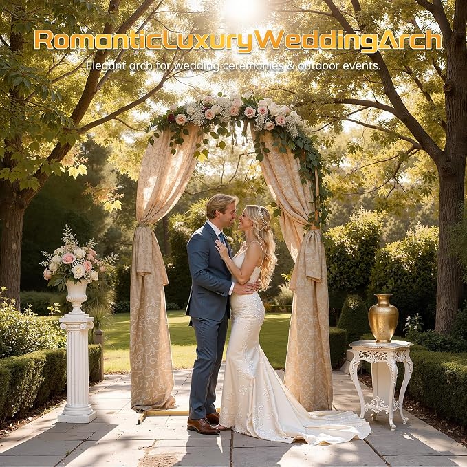 7.2FT Metal Arch Backdrop Stand and Cover Set, Gold Arch Stand with Cover, Easy to Assemble, Pretty Wedding Arch for Birthday Party, Wedding Ceremony and Baby Shower