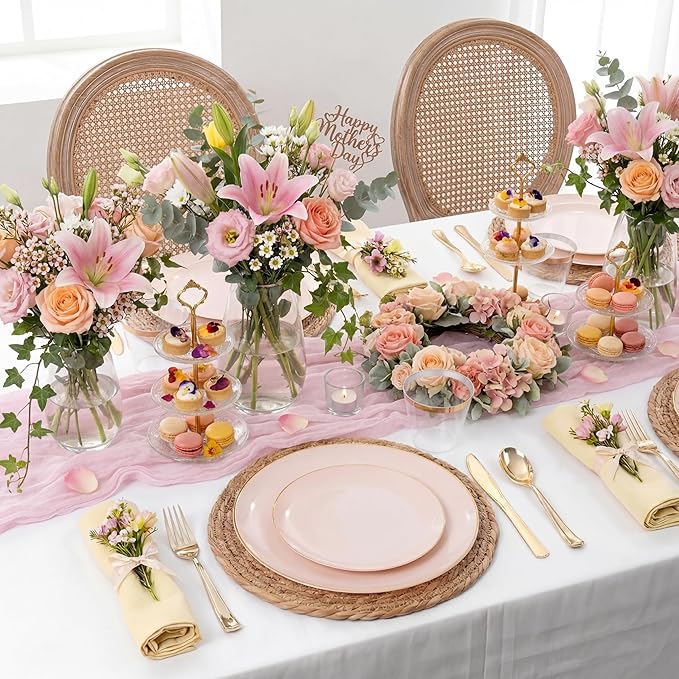 KIRE 175PCS Pink Plates Disposable - Heavy Duty Pink and Gold Plastic Plates Dinnerware Sets - 25 for Dinner 25 for Dessert 25 Pre Rolled Napkins 25Cups for Spring/Wedding/Mother's Day/Baby Shower