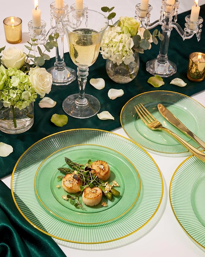 Hioasis 60pcs Green and Gold Plastic Plates - Green Disposable Dinnerware Set, 30pcs Dinner 10in & 30pcs Dessert 7in Plates with Striped Designs for Party & Wedding