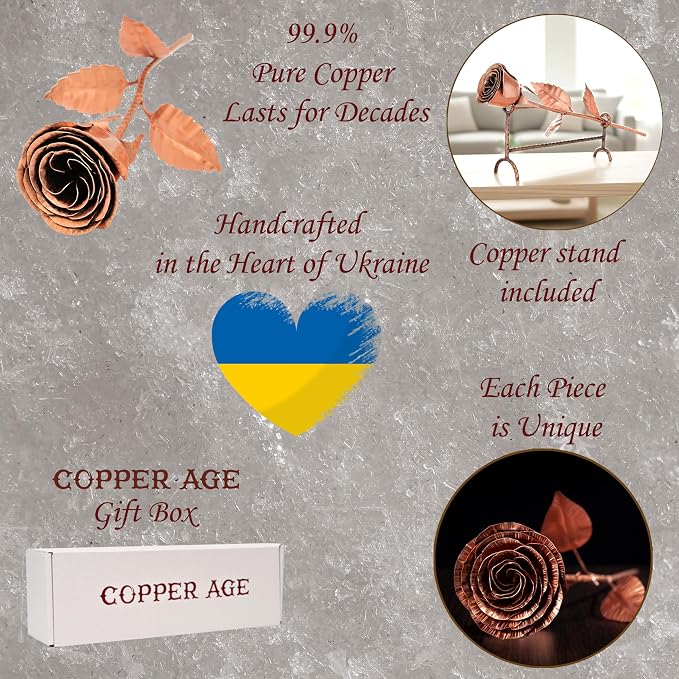 Copper Rose with Stand for 7th or 22nd Anniversary – Handmade Pure Copper Flower with Hammered Stand – Romantic Wedding Gift for Wife or Her