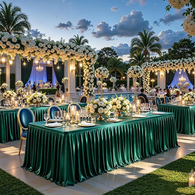 6 Packs Green Satin Tablecloths Rectangle 6FT, Glitter Spandex Fitted Stretch Table Covers Wrinkle-Free Floor Length Shimmer Table Skirt for Weddings Parties Baby Shower Banquets Vendor Events