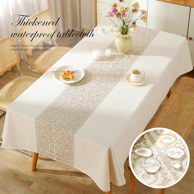 Nordic Beige Round Tablecloth, Premium Drape, Water & Stain Resistant, Elegant Rectangle Table Cover for Dining, Kitchen, Party, Home Decor