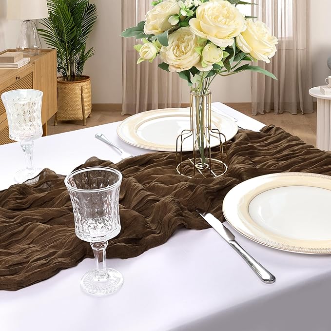 12 Pack 10FT Brown Cheesecloth Table Runner 120 Inch Long Gauze Rustic Boho Spring Cheese Cloth Table Runner Sheer Fabric Decorations for Holiday Party Wedding Banquet Bridal Baby Shower Décor