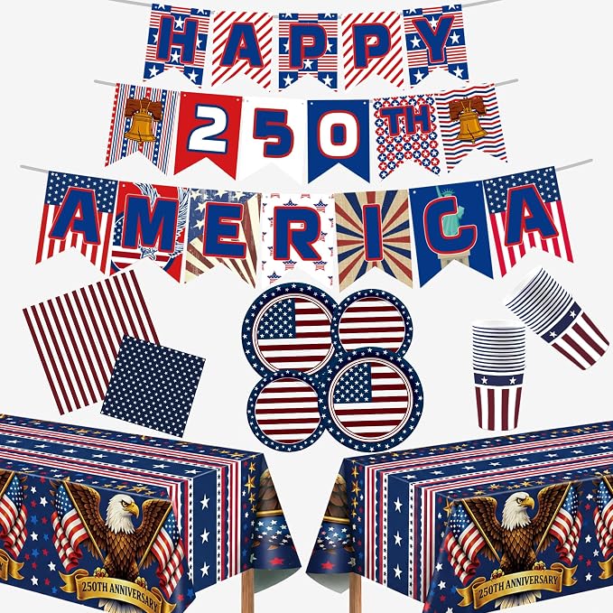 140 Pack 250th Anniversary Decorations- Serve 24 - Patriotic Plates Tablecloth Napkins Cups Banner | 4th of July Accessories for 250th Anniversary Merchandise Home Indoor Outdoor
