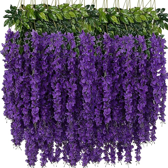 Artificial Wisteria Hanging Flowers Fake Wisteria Flower Garland Silk Vines Rattan Decor for Home Wedding Arch Wall Garden Greenery Bedroom Outdoor Office Party Decoration (48, Purple)