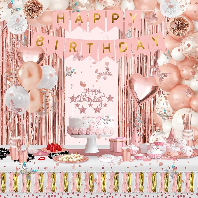 Birthday Decorations for Women or Girl,Rose Gold Balloons Birthday Decorations for Girl Kit Disposable Dinnerware Set with 25 Guest,Banner Balloon,Tiara,Sash,Pump,Photo Props and Butterfly Decorations