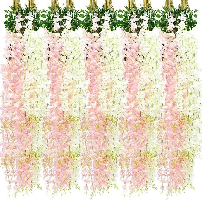 Giegxin 24 Pcs Artificial Wisteria Hanging Flowers 3.6 ft Artificial Fake Wisteria Vine Rattan Hanging Garland Silk Flowers String for Wall Home Wedding Party Greenery Decorations (Pink,White)