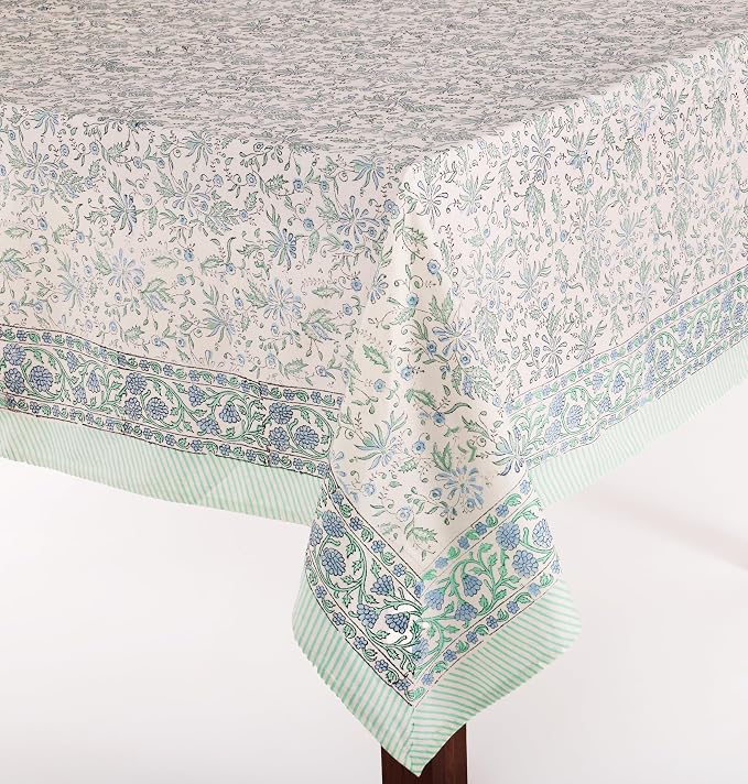 ATOSII Aster Blue 100% Cotton Rectangle Boho Fall Tablecloth, Handblock Floral Block Print Table Cloth Linen for Kitchen Dining I Parties Christmas New Year Gifting I 72 X 140 Inches I 12 Seater