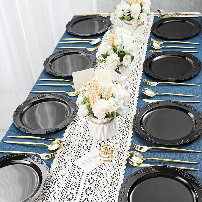 100 Pieces Black Plastic Plates - 10.25inch Dinner Disposable Plates - Premium Heavy Duty Hard Disposable Dinner Plates - Party Supplies for Birthdays, Celebrations, Wedding