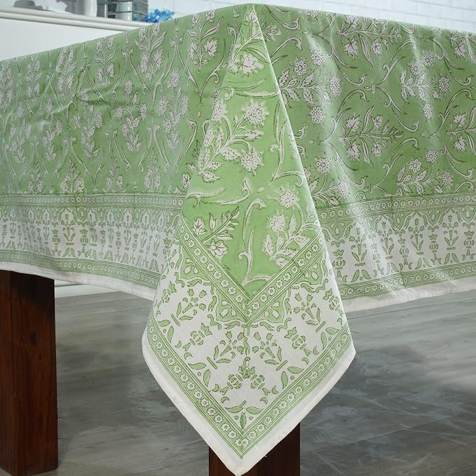 Ridhi Pear Green Hand Block Print Cotton Rectangle Tablecloth 102" x 48" inches Reusable Table Cover Decorative Everyday Use for Dining Room, Farmhouse, Home Gift for Spring, Mother's Day