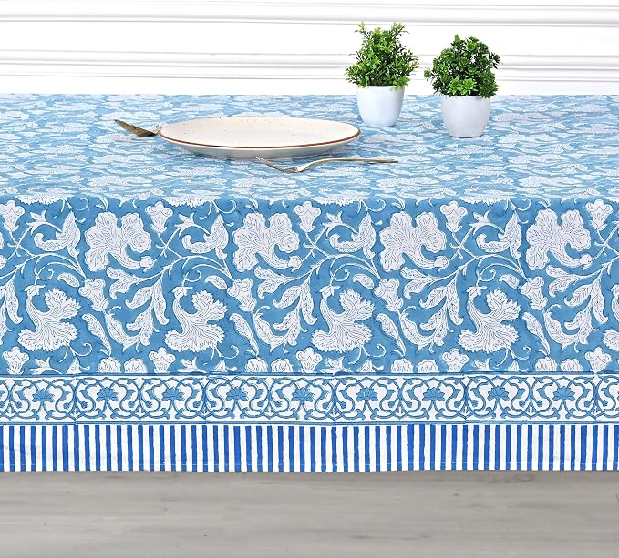 Ridhi Magic Blue Hand Block Print Cotton Rectangle Tablecloth 108" x 70" inches Reusable Table Cover Decorative Everyday Use for Dining Room, Farmhouse, Home Gift for Spring, Mother's Day