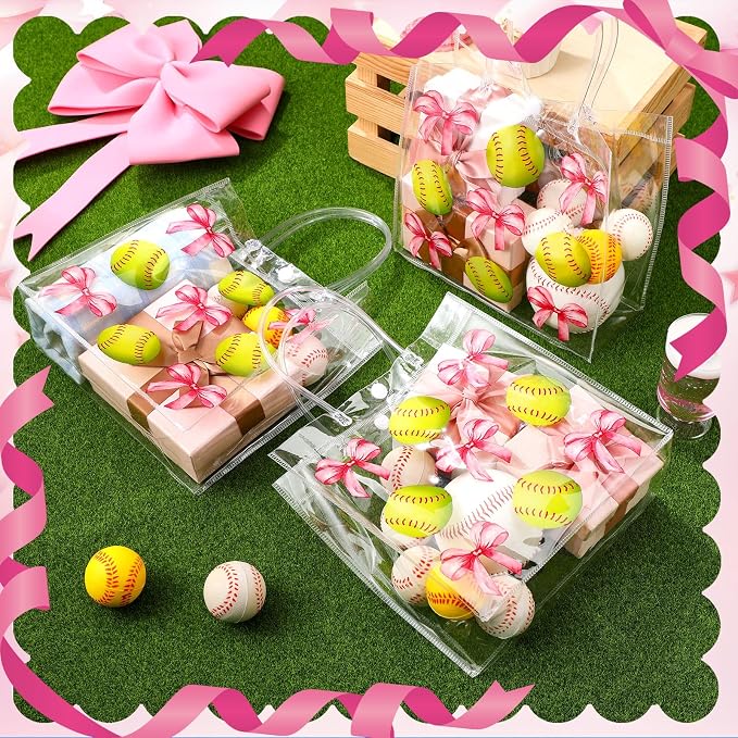 Teenyyou 24 Pcs Softball Clear Gift Bag with Handles Plastic Soft Ball Goodie Sport Theme Party Favor Team Treat Bag with Pink Bow for Birthday Team Snack, 8 x 8 x 3.15 Inches