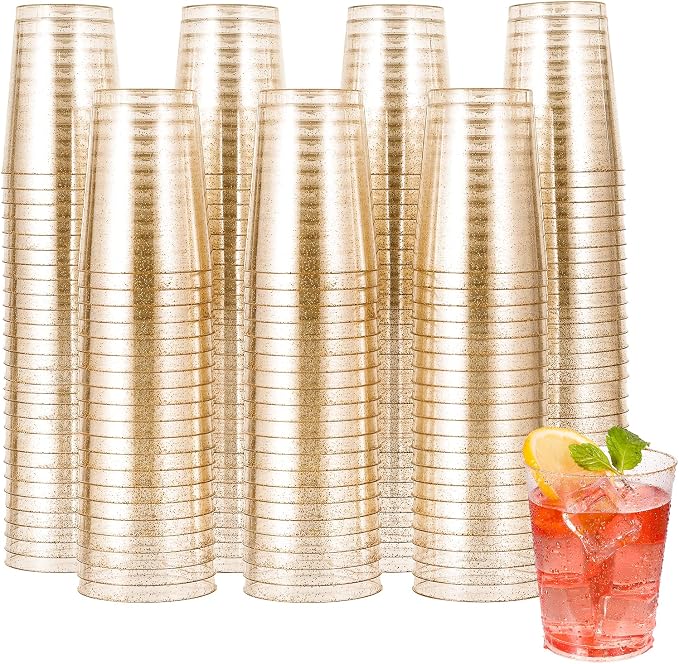 JOLLY CHEF 200 Pack 10 oz Gold Plastic Cups, Disposable Gold Glitter Plastic Cups, Clear Tumblers for Weddings Thanksgiving, Christmas Parties