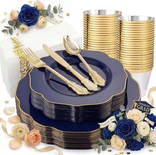 NOCCUR 175PCS Blue Plastic Plates with Disposable Silverware - Include 50 Blue Disposable Plates with Gold Rim,75 Gold Cutlery,25 Cups,25Napkins for Party/Wedding/Graduation/Memorial Day